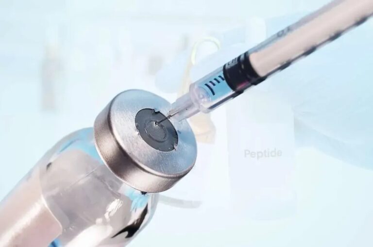 an inset image showing a syringe needle drawing medication from a glass vial labeled "Peptide"