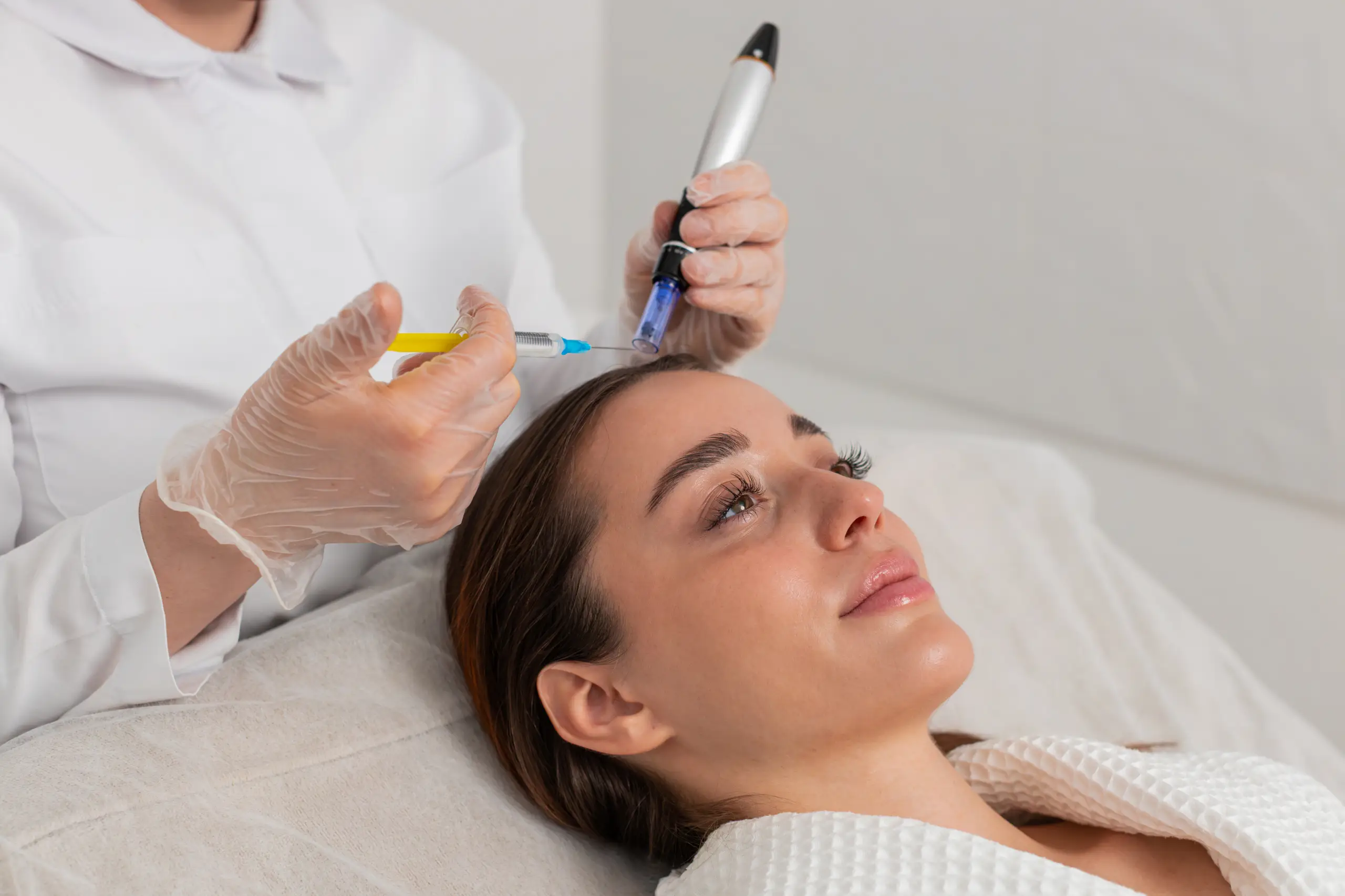 A woman lying back in a white robe as a practitioner in clear gloves applies a syringe of serum and a microneedling pen to her forehead.