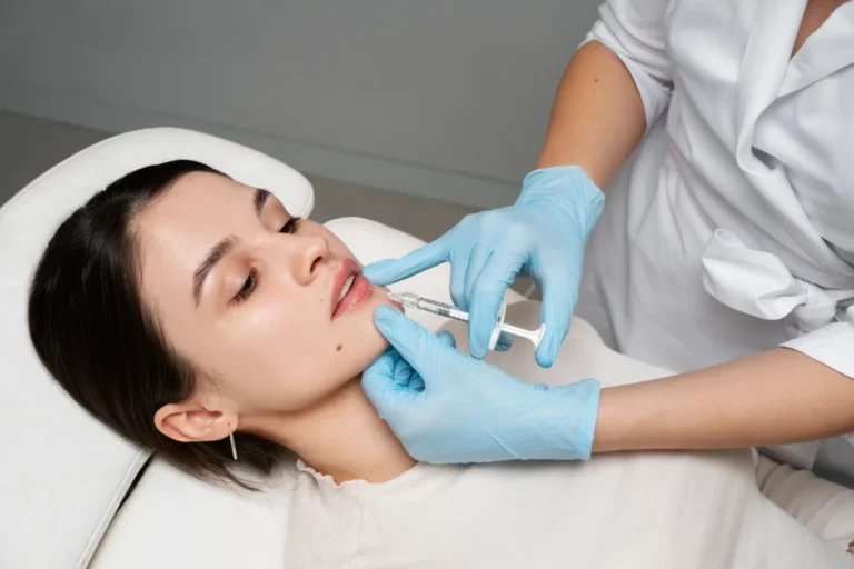 Image with a Lady laying down having an injection procedure on bottom lip